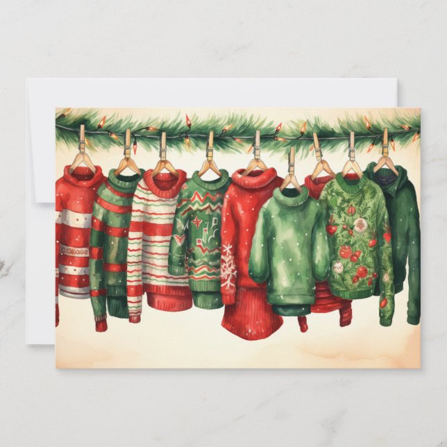 Cartes Pour Fêtes Annuelles Chandails festifs accrochés sur une ligne de linge (Devant)