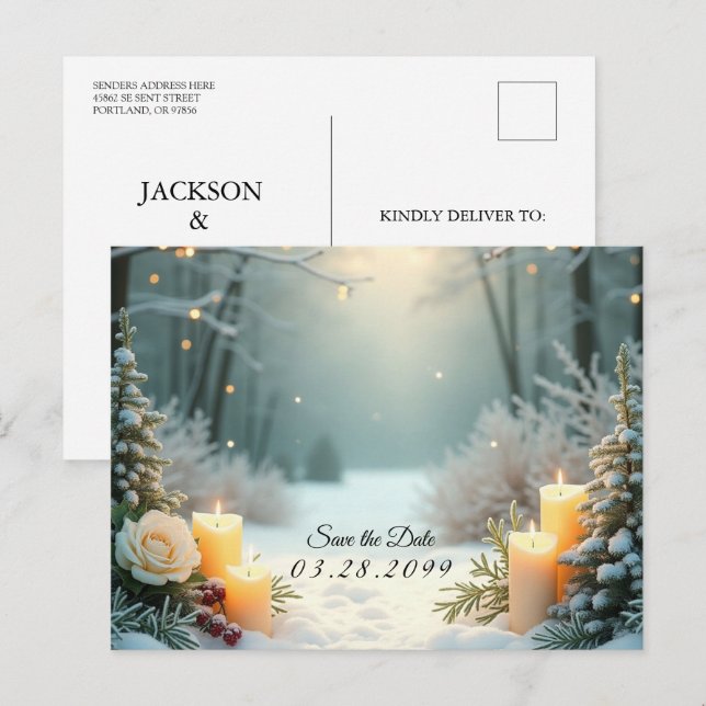 Cartes Pour Fêtes Annuelles Chandelles neigeuses Evergreens gelés (Devant / Derrière)