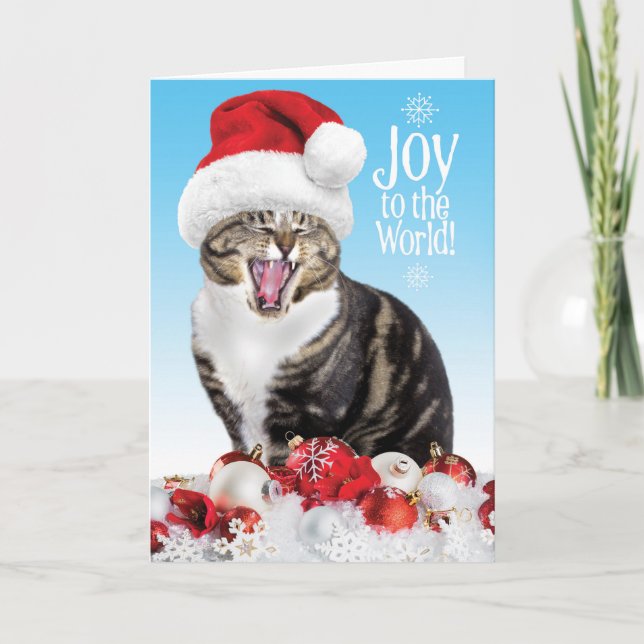 Cartes Pour Fêtes Annuelles Chant amusant Chat de Noël - Joie au monde (Devant)