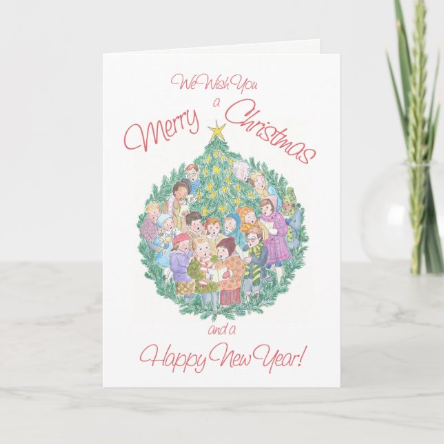Cartes Pour Fêtes Annuelles Chanteurs Carol et sapin de Noël aux étoiles (Devant)