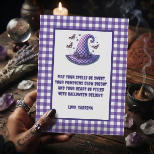 Cartes Pour Fêtes Annuelles Chapeau de sorcière Halloween en gingham violet et