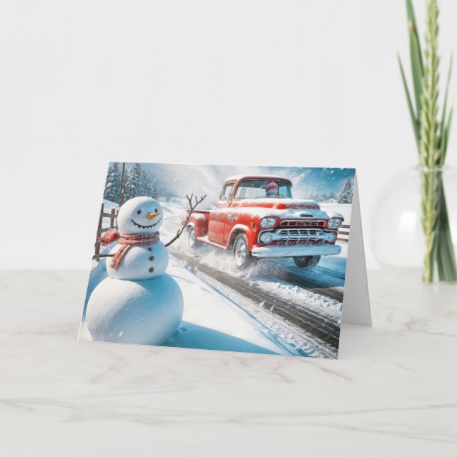 Cartes Pour Fêtes Annuelles Chariot de Noël Snowman et Red Retro (Devant)
