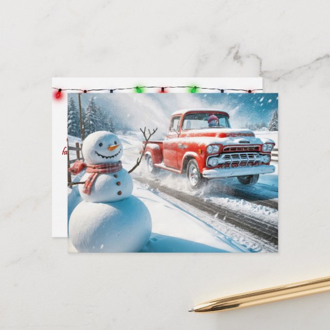 Cartes Pour Fêtes Annuelles Chariot de Noël Snowman et Red Retro (Devant/Arrière en situation)