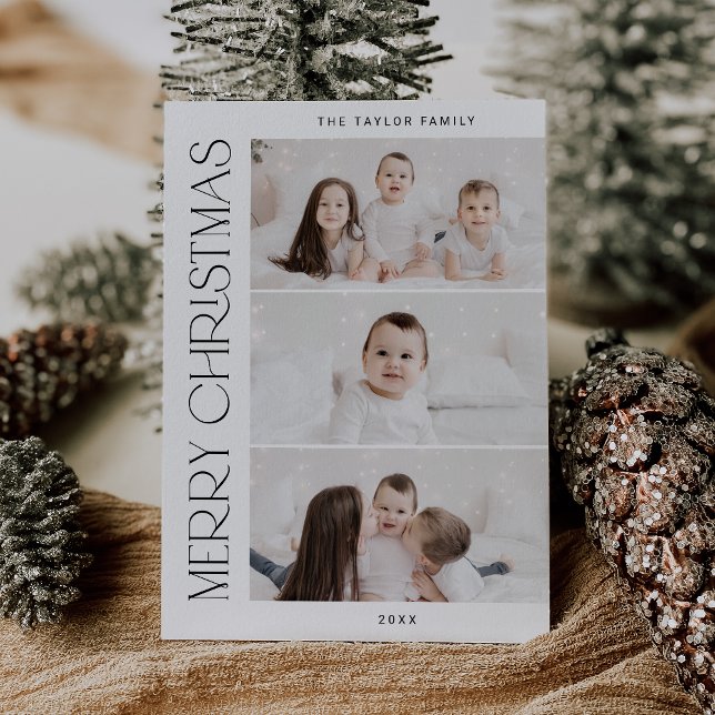 Cartes Pour Fêtes Annuelles CHARLIE Black Imprimable 3 Photo de famille Noël (CHARLIE Black Printable 3 Family Photo Christmas Holiday Card)