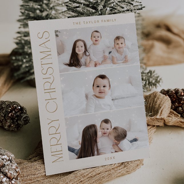 Cartes Pour Fêtes Annuelles CHARLIE Gold Imprimable 3 photos de famille Noël (CHARLIE Gold Printable 3 Family Photo Christmas Holiday Card)