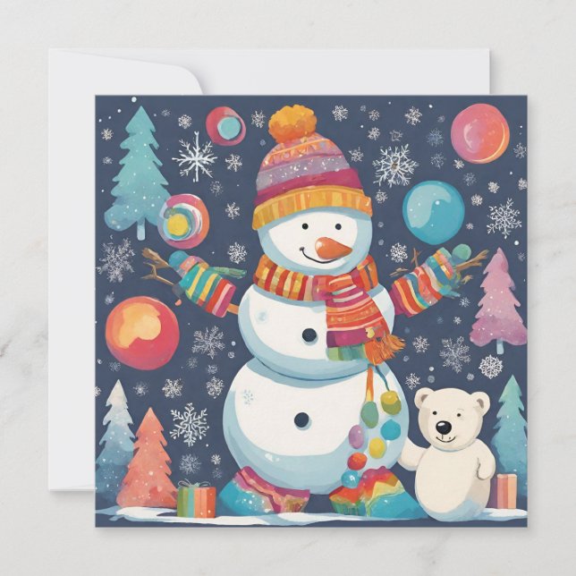 Cartes Pour Fêtes Annuelles Charmant et coloré bonhomme de neige de Noël (Devant)