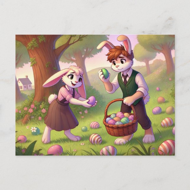 Cartes Pour Fêtes Annuelles Charmant lapin Chasse aux Oeufs de Pâques (Devant)
