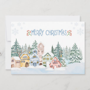 Cartes Pour Fêtes Annuelles Charmant village de neige aquarelle Noël