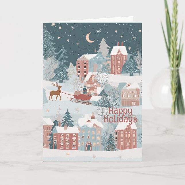 Cartes Pour Fêtes Annuelles Charmante Scène Village D'Hiver En Aquarelles (Devant)