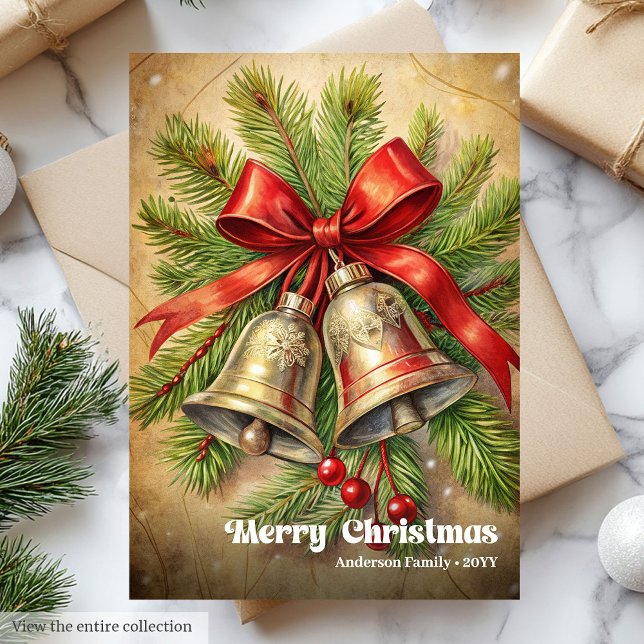 Cartes Pour Fêtes Annuelles Charming Christmas bells classic holly berries  (Charming Christmas bells classic holly berries card)