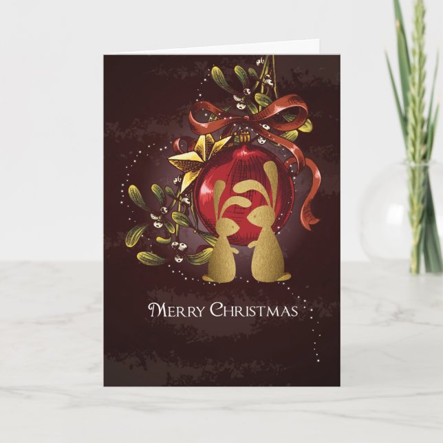 Cartes Pour Fêtes Annuelles Charming Gold Bunnies n'Mistletoe Joyeux Noël (Devant)