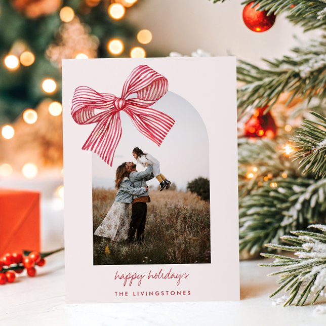 Cartes Pour Fêtes Annuelles Charming Red Candy Stripes Bow & Arche Photo (Créateur téléchargé)