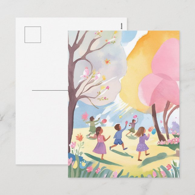Cartes Pour Fêtes Annuelles Chasse aux œufs de Pâques pastel Fleurie Aquarelle (Devant / Derrière)