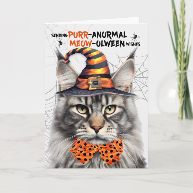 Cartes Pour Fêtes Annuelles Chat à coon Maine Argent PURRanormal MEOWolween (Devant)