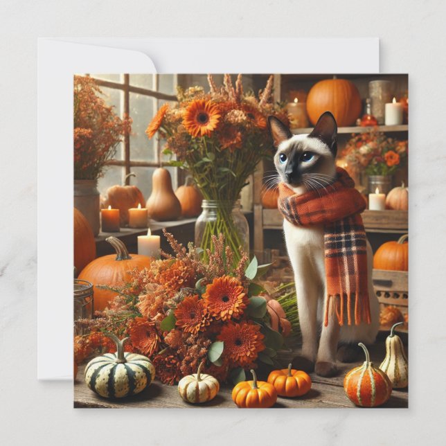 Cartes Pour Fêtes Annuelles Chat avec Citrouilles pour Thanksgiving (Devant)
