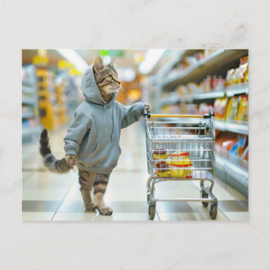 Cartes Pour Fêtes Annuelles Chat avec panier d'achats dans l'allée d'un superm
