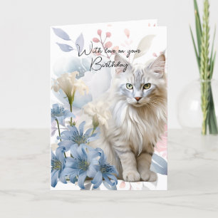 Cartes Pour Fêtes Annuelles Chat Blanc Bleu Rose Floral Avec Amour Anniversair