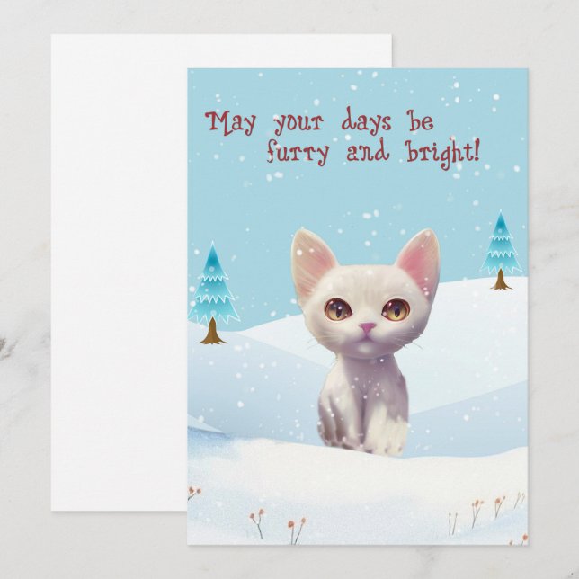 Cartes Pour Fêtes Annuelles Chat blanc mignon en Appartement de Noël Neige (Devant / Derrière)
