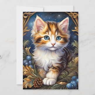 Cartes Pour Fêtes Annuelles Chat calicot cadre de feuillage d'hiver