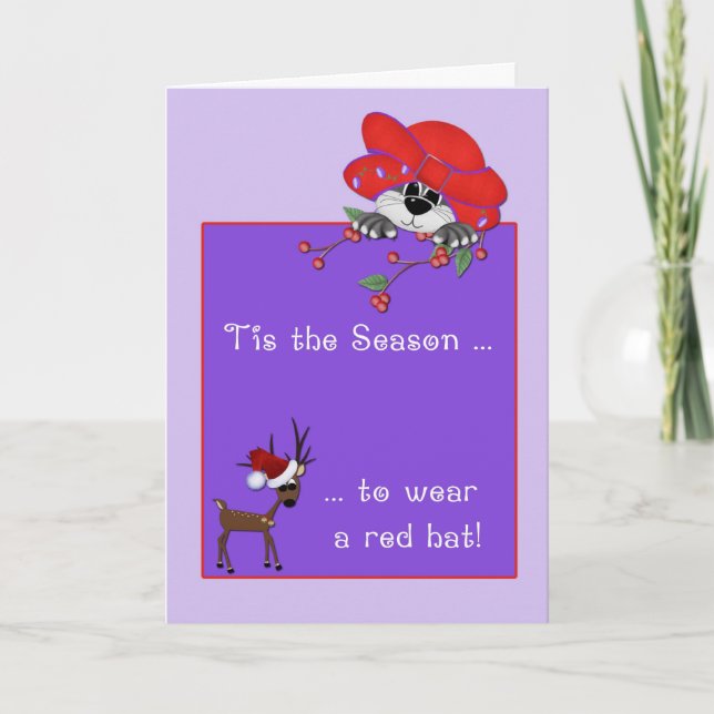 Cartes Pour Fêtes Annuelles Chat Casquette rouge, Reindeer, Salutation de Noël (Devant)