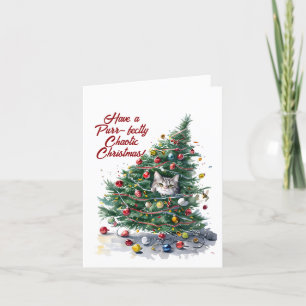 Cartes Pour Fêtes Annuelles Chat Chaos Arbre de Noël Design Aquarelle