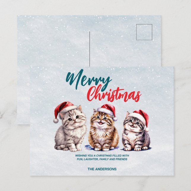 Cartes Pour Fêtes Annuelles Chat chaton chatte à l'aquarelle mignonne Père Noë (Devant / Derrière)