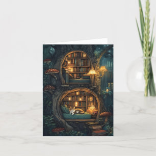 Cartes Pour Fêtes Annuelles Chat confortable dans une bibliothèque Magique Tre
