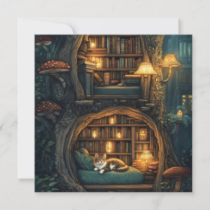 Cartes Pour Fêtes Annuelles Chat confortable dans une bibliothèque Magique Tre