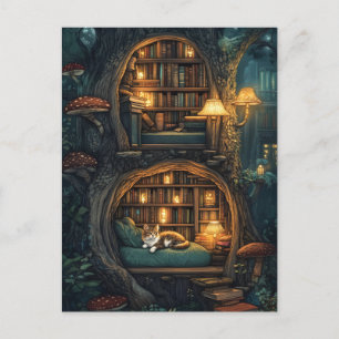 Cartes Pour Fêtes Annuelles Chat confortable dans une bibliothèque Magique Tre