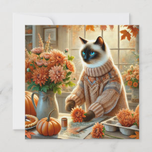 Cartes Pour Fêtes Annuelles Chat d'automne aux fleurs - Saison d'automne