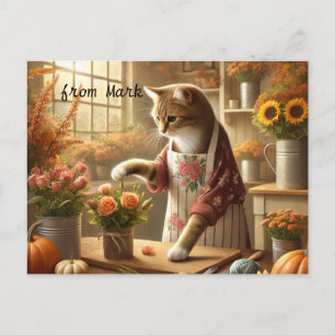 Cartes Pour Fêtes Annuelles Chat d'automne aux fleurs - Saison d'automne