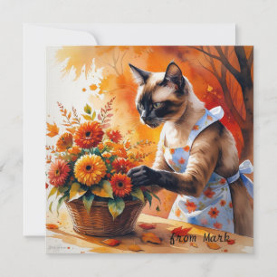 Cartes Pour Fêtes Annuelles Chat d'automne aux fleurs - Saison d'automne