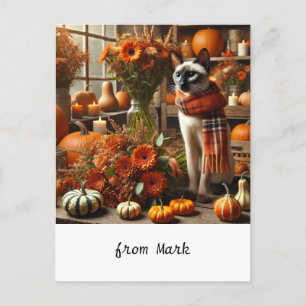 Cartes Pour Fêtes Annuelles Chat d'automne aux fleurs - Saison d'automne