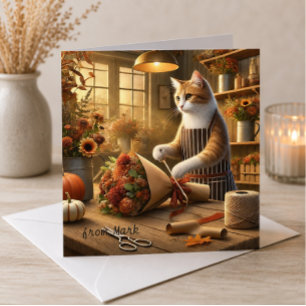Cartes Pour Fêtes Annuelles Chat d'automne avec des fleurs – Salutation de la 