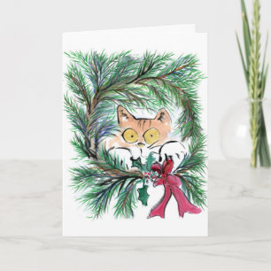 Cartes Pour Fêtes Annuelles Chat de couronne de Noël, Sumi-e