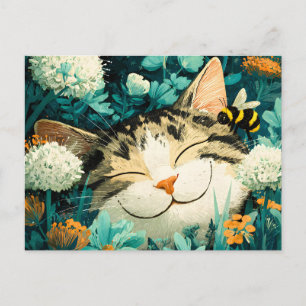 Cartes Pour Fêtes Annuelles Chat de jardin endormi à l'aquarelle avec fleurs e