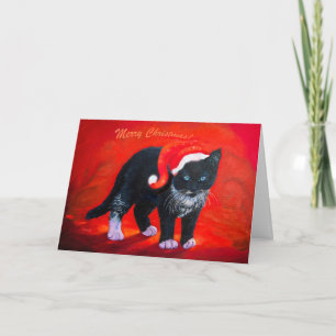 Cartes Pour Fêtes Annuelles Chat de minou de Noël noir et blanc sur le rouge