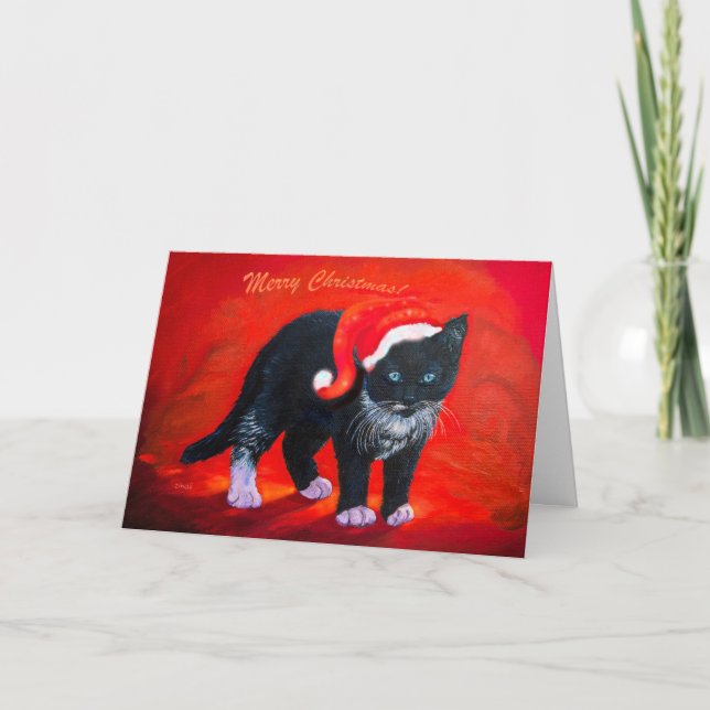Cartes Pour Fêtes Annuelles Chat de minou de Noël noir et blanc sur le rouge (Devant)
