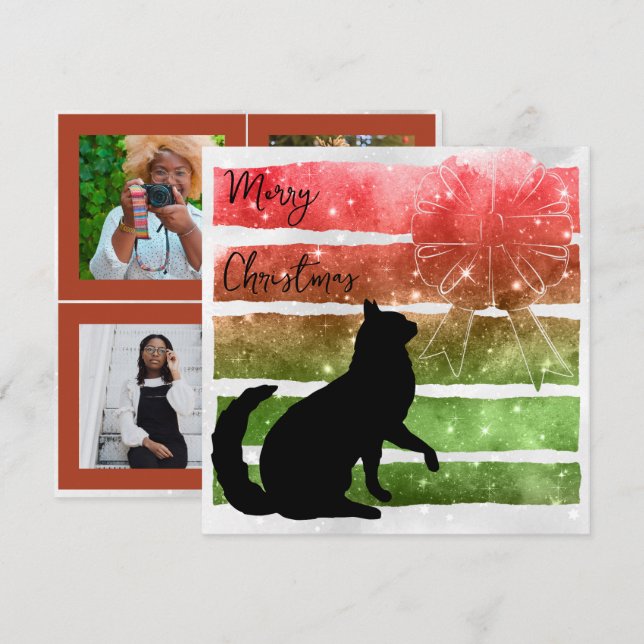 Cartes Pour Fêtes Annuelles Chat de Noël, bandes pétillantes rouge & vert plat (Devant / Derrière)