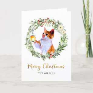 Cartes Pour Fêtes Annuelles Chat de Noël en couronne avec lanterne