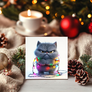 Cartes Pour Fêtes Annuelles Chat de Noël grincheux avec des lumières colorées