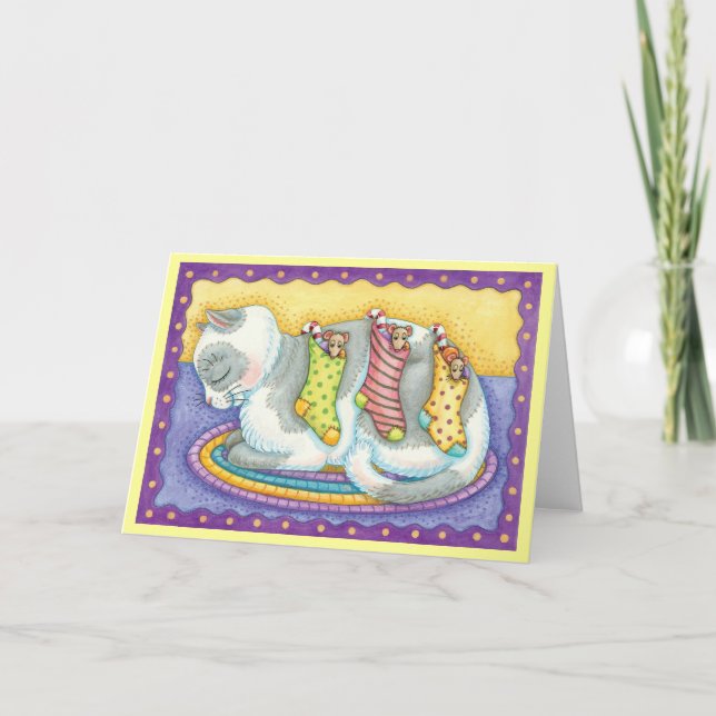 Cartes Pour Fêtes Annuelles Chat de Noël mignon dormant avec des souris dans l (Devant)