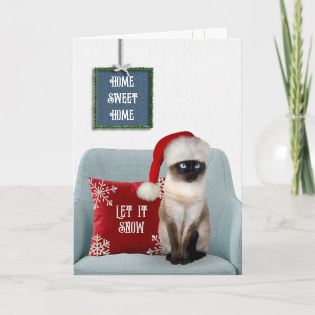Cartes Pour Fêtes Annuelles Chat de Noël siamois sur la chaise (Devant)