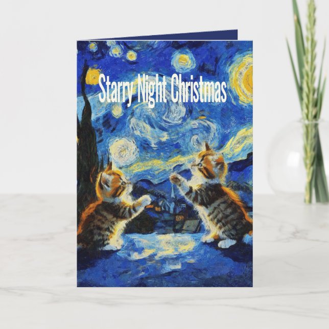 Cartes Pour Fêtes Annuelles Chat de Noël Starry Night Kittymas (Devant)