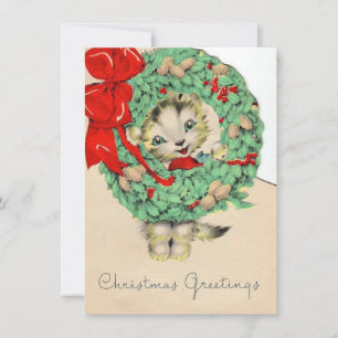 Cartes Pour Fêtes Annuelles Chat de Noël Vintage tenant une couronne
