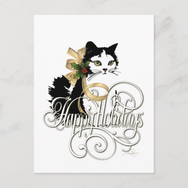 Cartes Pour Fêtes Annuelles Chat de vacances noir et blanc (Devant)