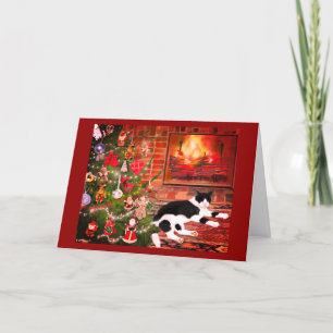Cartes Pour Fêtes Annuelles Chat devant de la cheminée chauffante Arbre de Noë