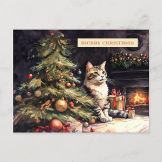 Cartes Pour Fêtes Annuelles Chat doux sous l'arbre de Noël