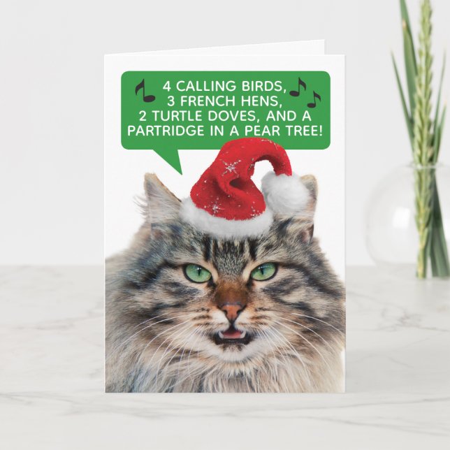 Cartes Pour Fêtes Annuelles Chat Drôle Chantant Les 12 Jours De Noël (Devant)