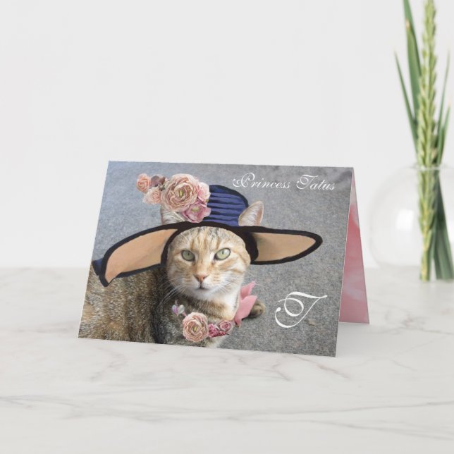 CARTES POUR FÊTES ANNUELLES CHAT ÉLÉGANT AVEC GRAND CASQUETTE DIVA, ROSES ROSE (Devant)